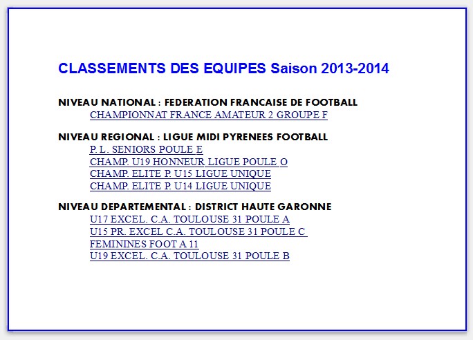 CLASSEMENTS DES EQUIPES Saison 2013-2014